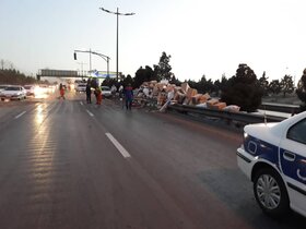 تصادف و واژگونی کامیون باری در اتوبان شهید دستجردی/حریق درخت کاج و سرایت به کابین نیسان