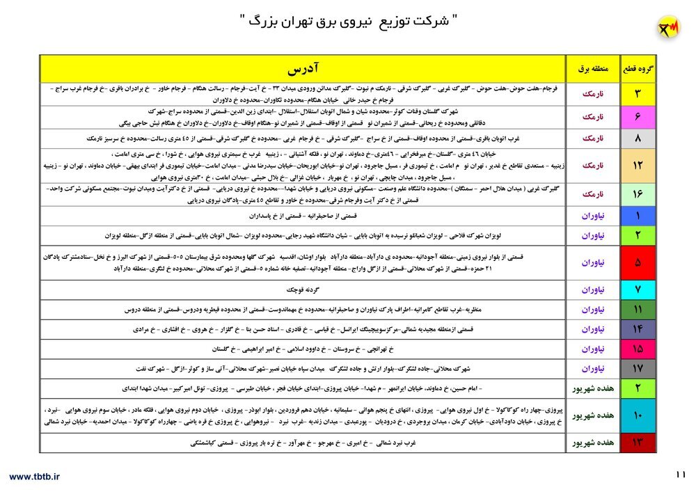 برنامه قطعی برق تهران ۱۲ تا ۱۷ تیر۱۴۰۰ + ساعات قطع، لیست مناطق و دانلود جدول قطعی برق
