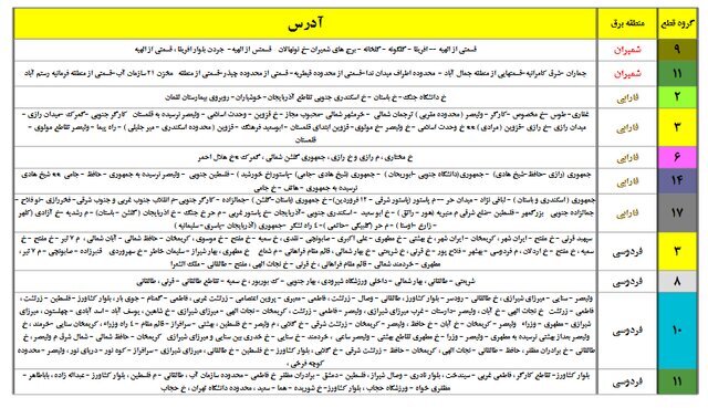 جدول جدید خاموشی‌های احتمالی پایتخت منتشر شد