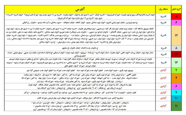 جدول جدید خاموشی‌های احتمالی پایتخت منتشر شد