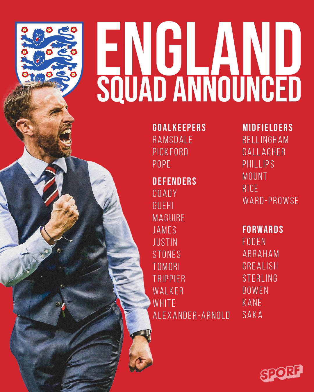 لیست تیم ملی انگلیس اعلام شد