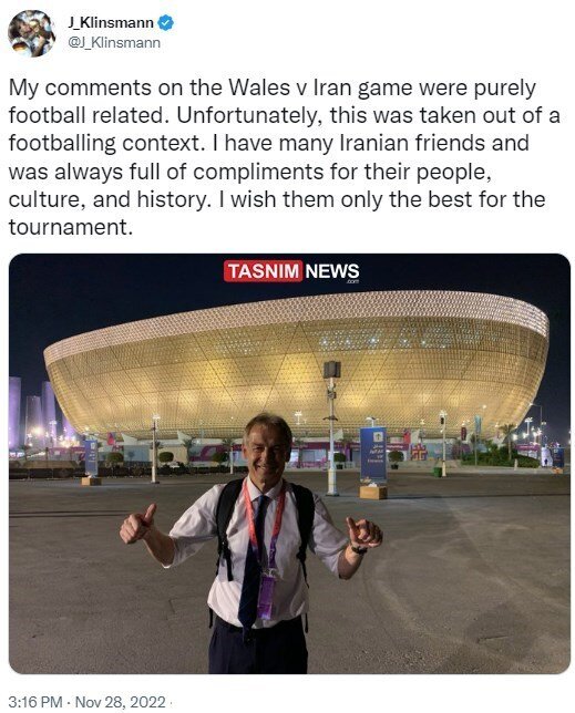 آرزوی موفقیت کلینزمن برای تیم ملی ایران