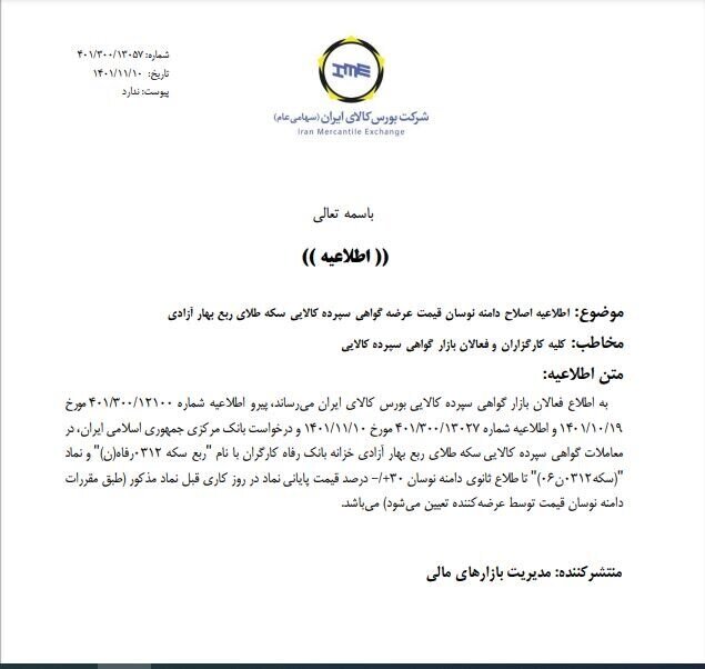 ۳ روز تا پایان حراج سکه در بورس/ دامنه نوسان ربعسکه بورسی ۳۰درصد شد