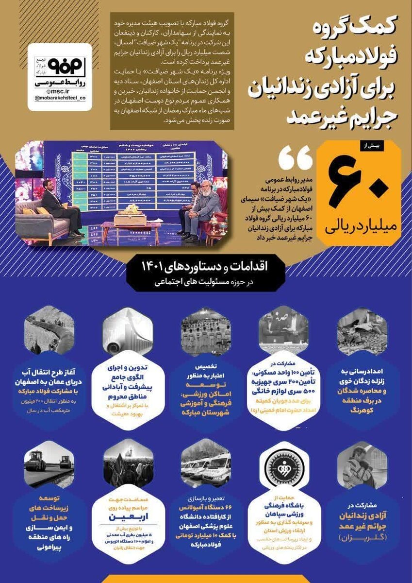 کمک بیش از ۶۰ میلیارد ریالی گروه فولاد مبارکه برای آزادی زندانیان جرایم غیر عمد