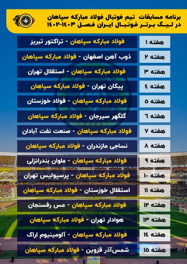 برنامه تیم فولاد مبارکه سپاهان در لیگ برتر بیست و سوم