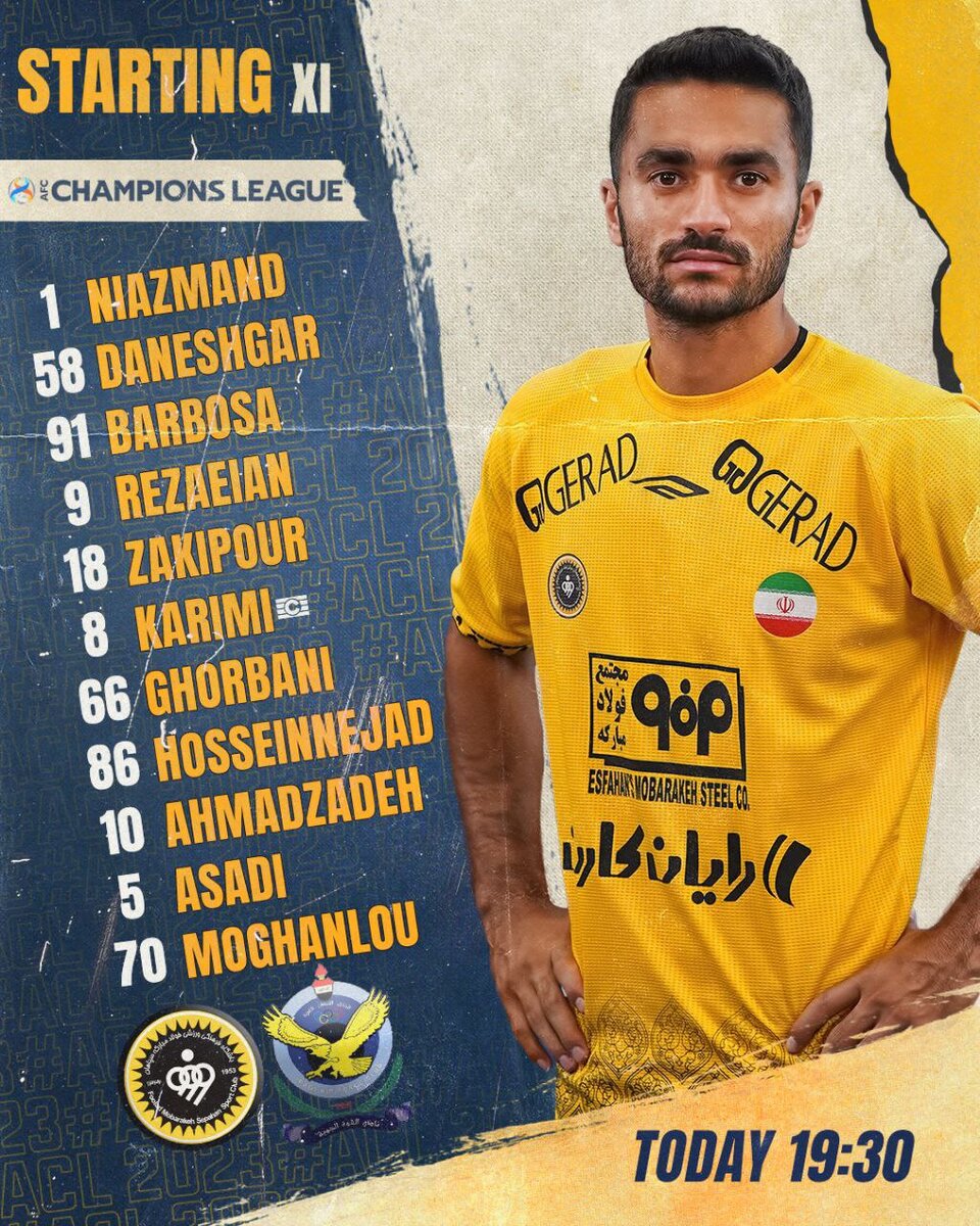 اعلام ترکیب سپاهان برای اولین بازی آسیایی مقابل نیرویهوایی