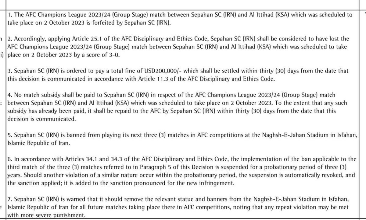 اعلام رای رسمی دیدار سپاهان - الاتحاد / ۳-۰ برای الاتحاد، ۲۰۰ هزار دلار جریمه برای سپاهان