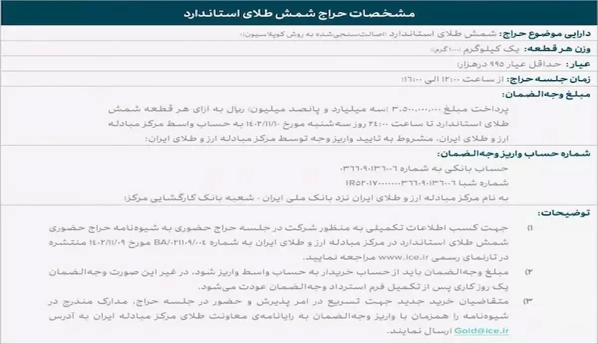 چهارمین جلسه حراج حضوری شمش طلا چهارشنبه برگزار میشود