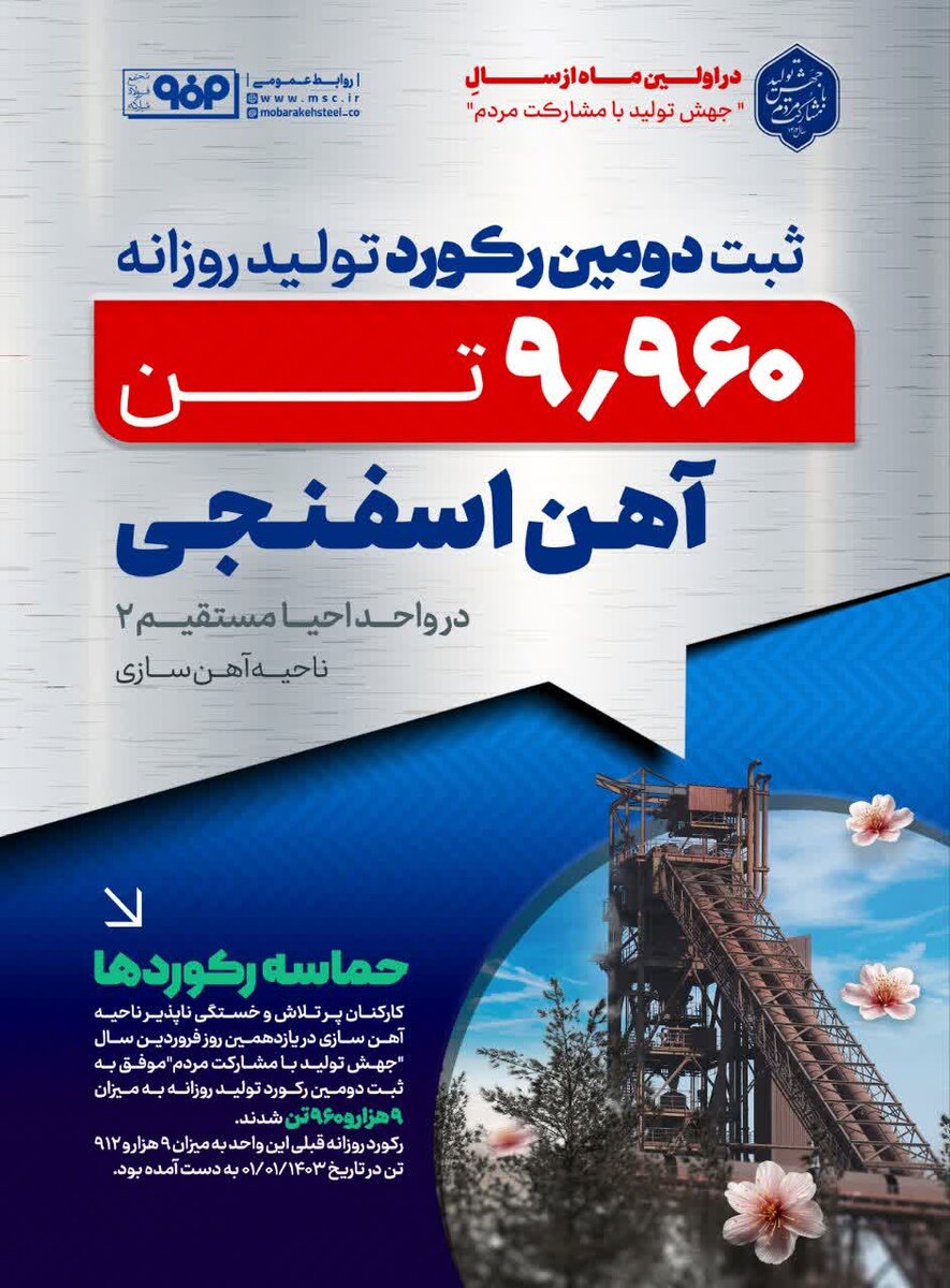 ثبت رکورد تولید روزانه آهن اسفنجی در واحدهای احیا مستقیم فولاد مبارکه
