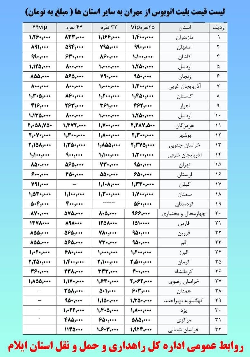 قیمت بلیت اتوبوس از مهران به سایر استان‌ها اعلام شد