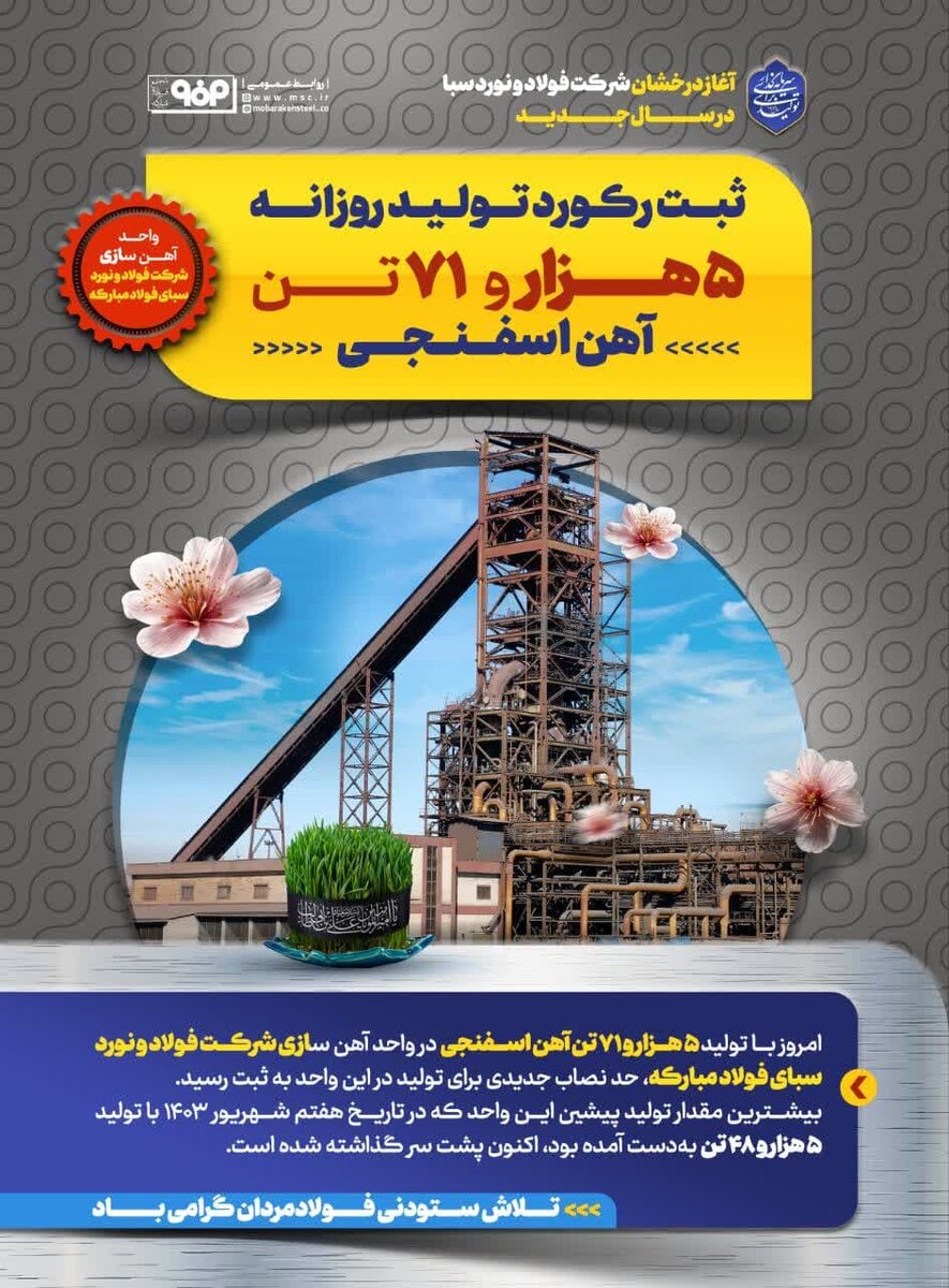 ثبت رکورد تولید روزانه ۵ هزار و ۷۱ تن آهن اسفنجی در مجتمع فولاد و نورد سبا