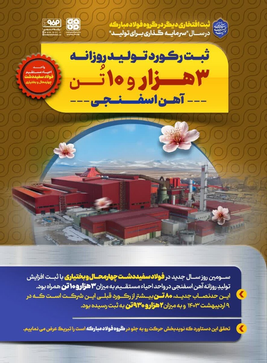 فولاد سفید دشت در یک روز ۳۰۱۰ تن آهن اسفنجی تولید کرد